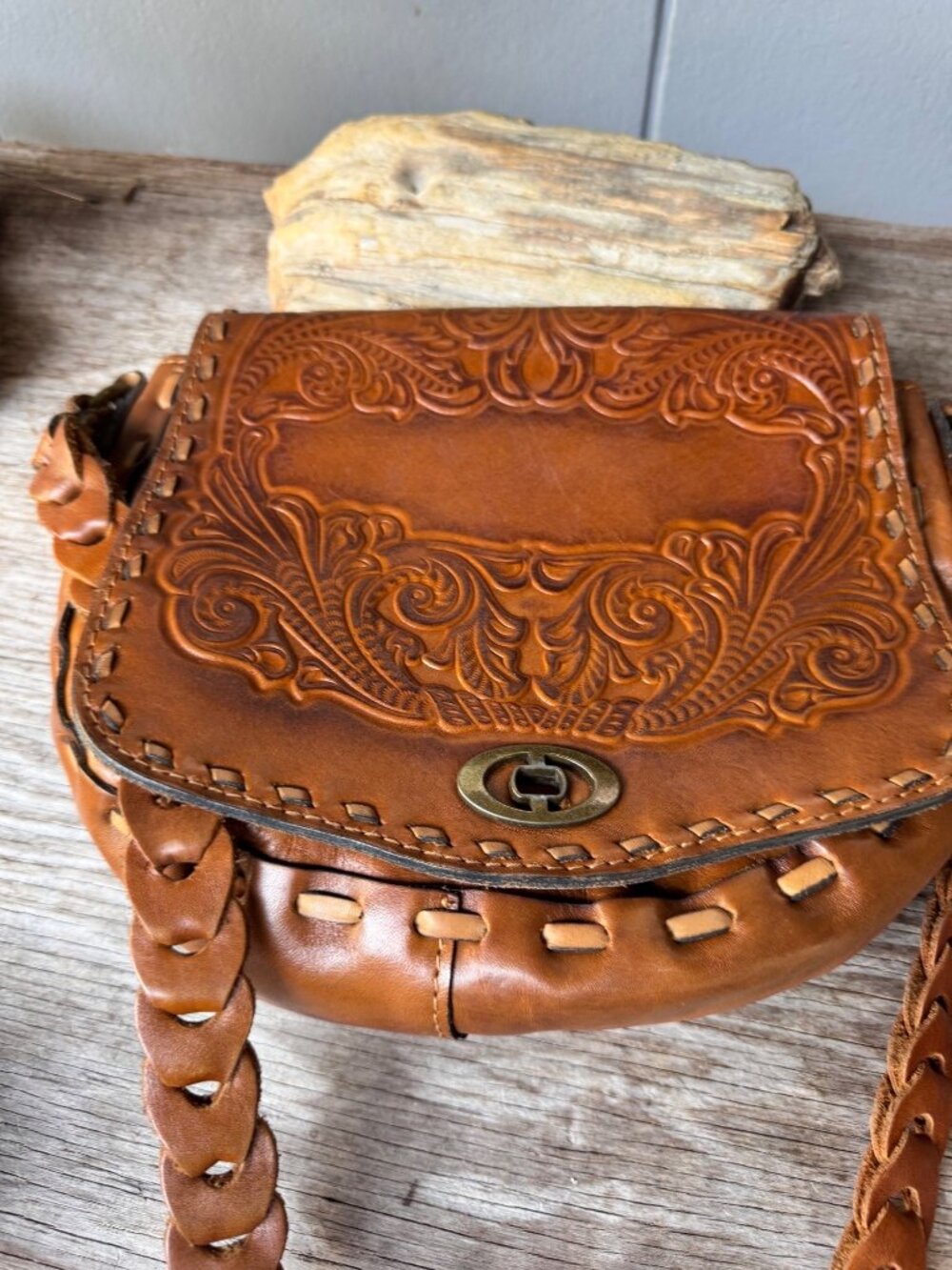 Patricia Nash Tooled Leather Saddle Crossbody Bag Brown Braided Strap Whipstitch